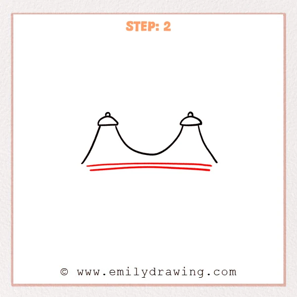 how to draw a golden gate bridge - Step 2 of how to draw the Golden Gate Bridge adds three long, curved parallel lines beneath the towers to suggest the bridge deck.